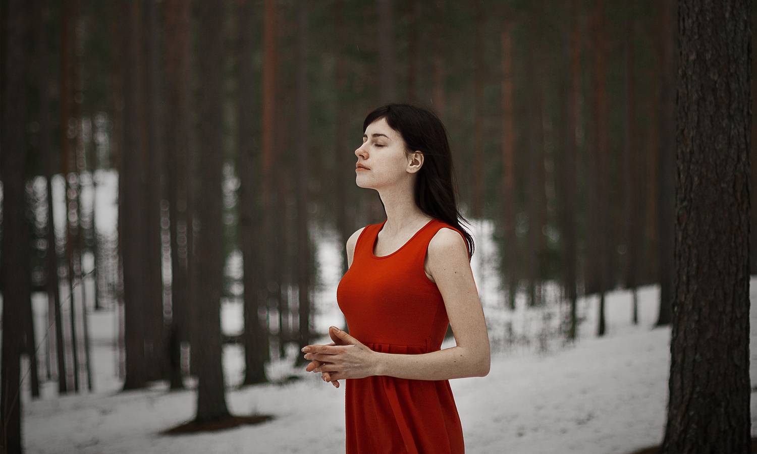 portrait, портрет, лес, девушка, красное, платье, зима, модель, Олег Карсаков