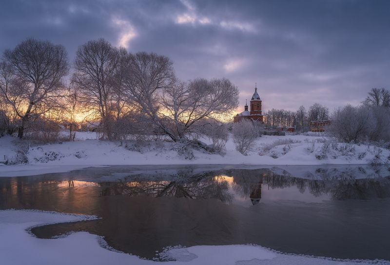 дунилово, зима, утро, храм, рассвет  фото превью