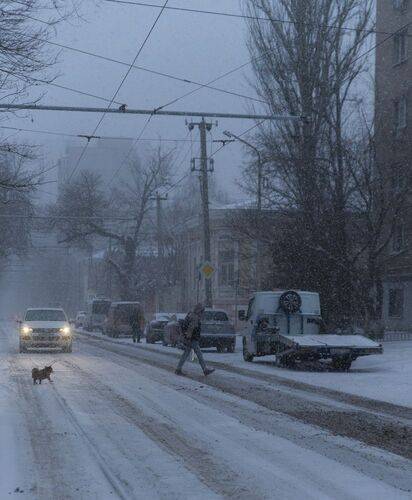 Редкий снегопад у дома.