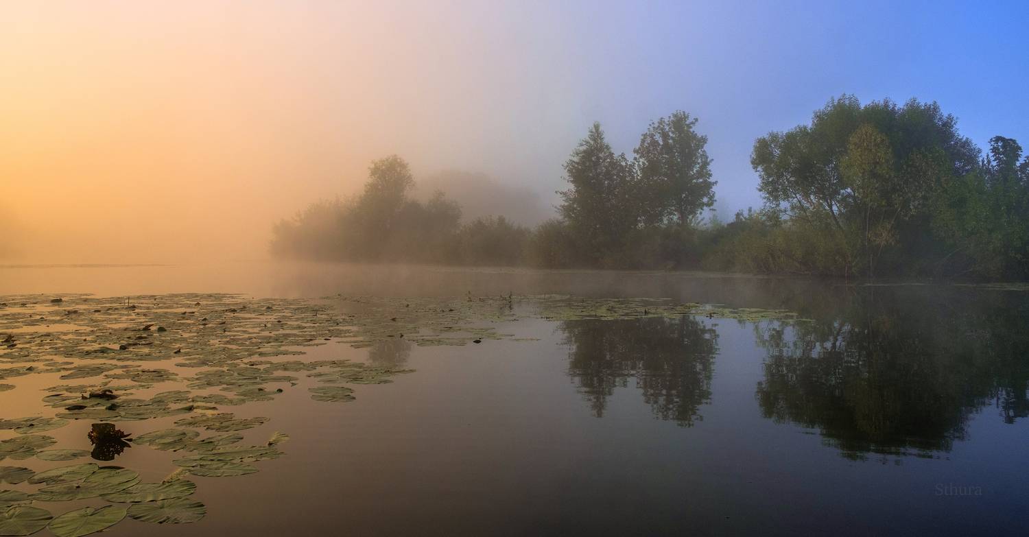 осень утро озеро туман природа пейзаж, Александр Строков