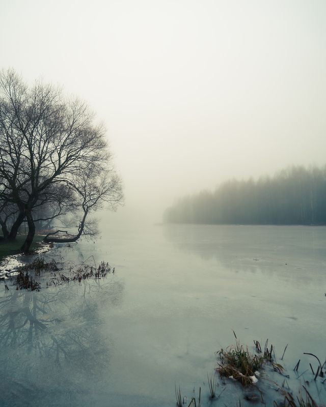 Пейзаж, туман, зима, лед, природа, атмосфера, мистика, красота Туманный день на берегу замёрзшей реки (1) и  фото превью