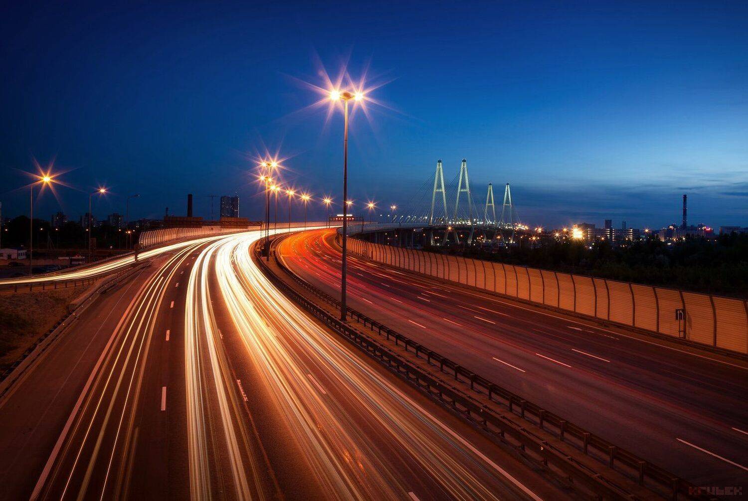 вантовый, городской пейзаж, движение, кад, мост, ночь, обуховский, санкт-петербург, шоссе, KrubeK