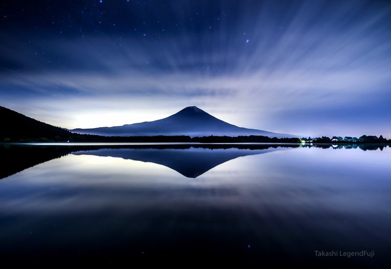 Fuji,mountain,Japan,lake,water,reflection,cloud,star,night,blue, Blue night фото превью