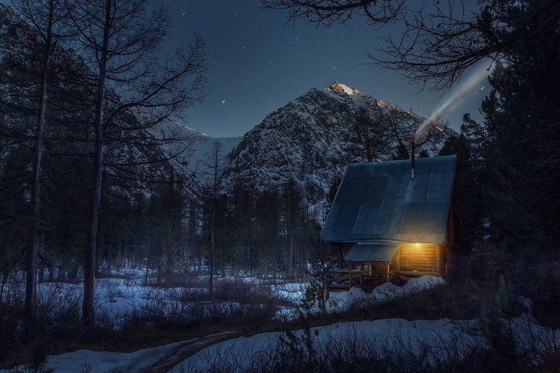best, house, landscape, mountains, photo, smoke, stars * * * фото превью