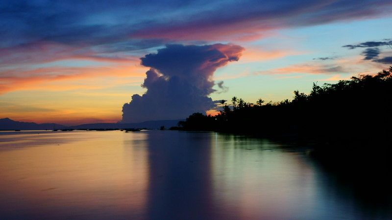 sunset, seascape, clouds, palm trees, boats, reflection, silhouette, island, sebu, philippines, asia, sky, evening Sunset фото превью