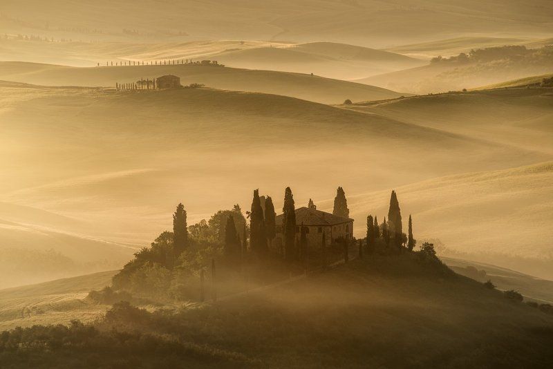 Italy, Tuscany, Pienza,  San Quirico d´Orcia, mist, sunrise, fog, spring, belvedere, beautiful place, beautiful, Europe, foggy morning, cypres,   Tuscany фото превью