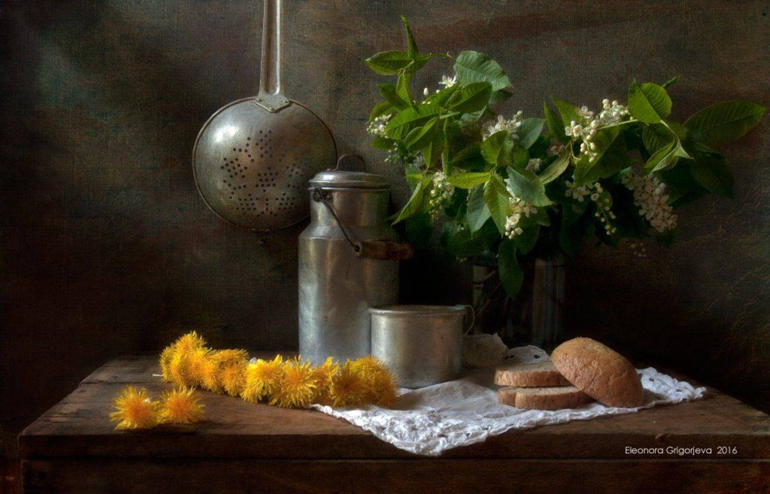 весна, жёлтый, натюрморт, одуванчики, хлеб, черёмуха, Eleonora Grigorjeva