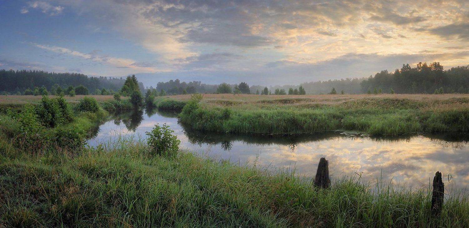 панорама, утро, рассвет, река, Керженец, Нижегородская область, заводь, природа, Александр Бархатов