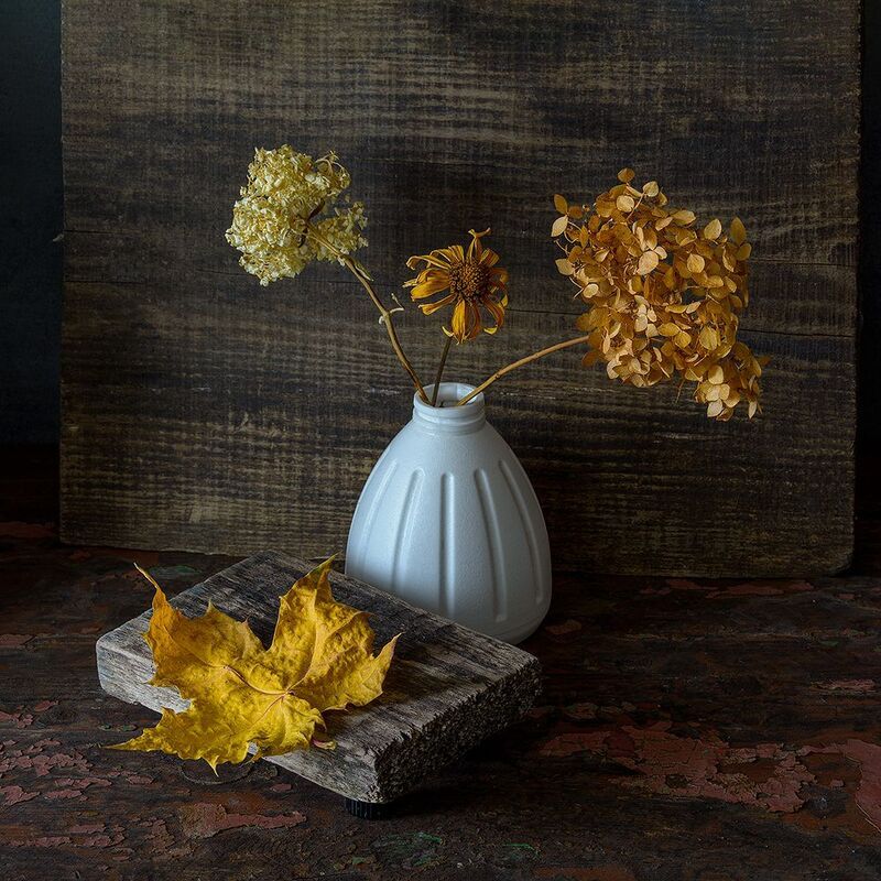 кленовый лист, подставка, сухие цветы, ваза  фото превью