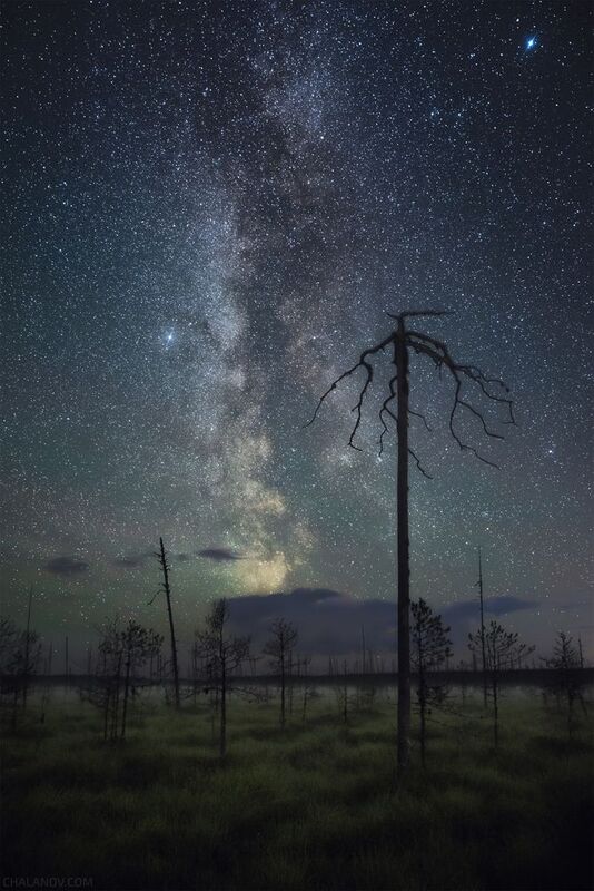 Млечный путь над осенним болотом фото превью