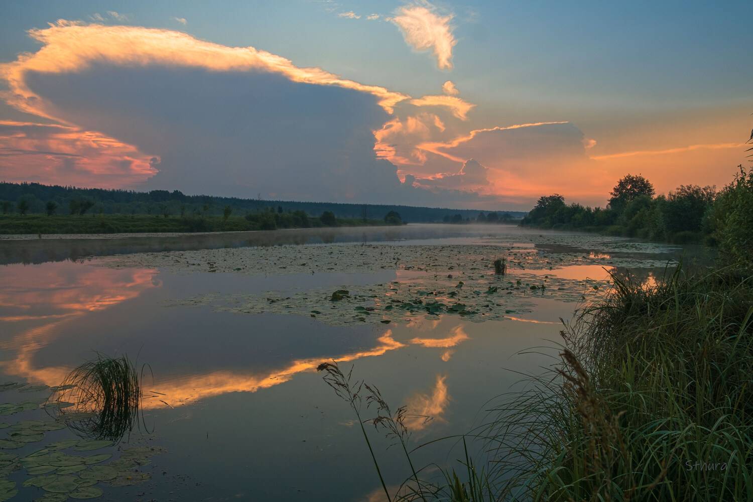 лето озеро рассвет облака отражение природа пейзаж, Александр Строков