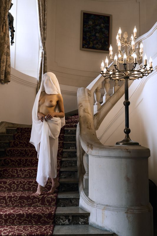 baroque staircase, candle glow, classical aesthetic, elegant ambience, grand hallway, historic setting, marble banister, noble atmosphere, ornate carpeting, poised figure, regal interior, serene composition, shrouded form, staircase curve, veiled nude The Quiet Descent фото превью