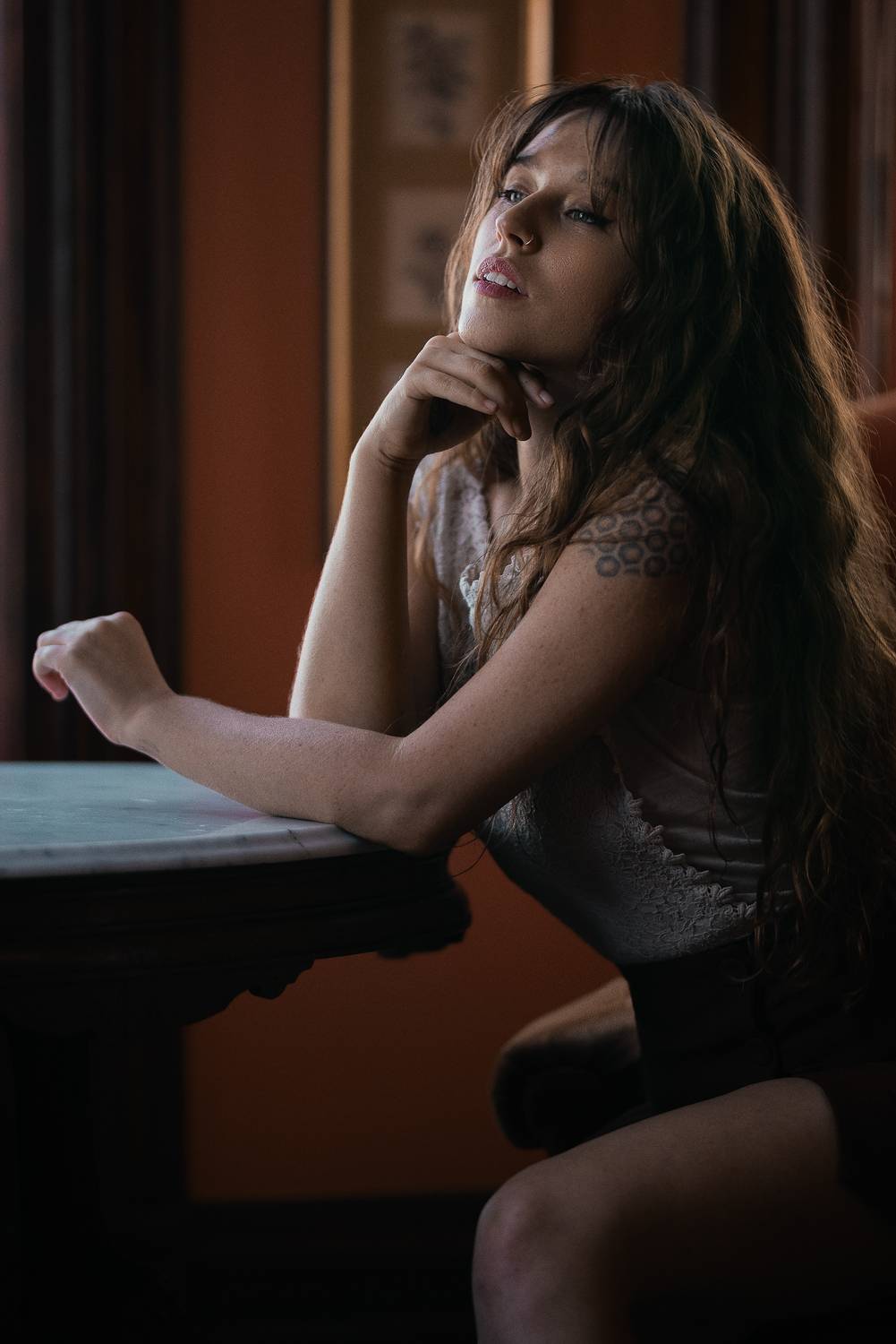 photography, portrait, beauty, body, glamour, portraitgirl, portraitphotography, naturallight, vintage, expression, window light, warm tones, intimate portrait, tattooed model, inked, alternative beauty, golden hour, soft light, feminine, sensual, artisti, Rozman Erik