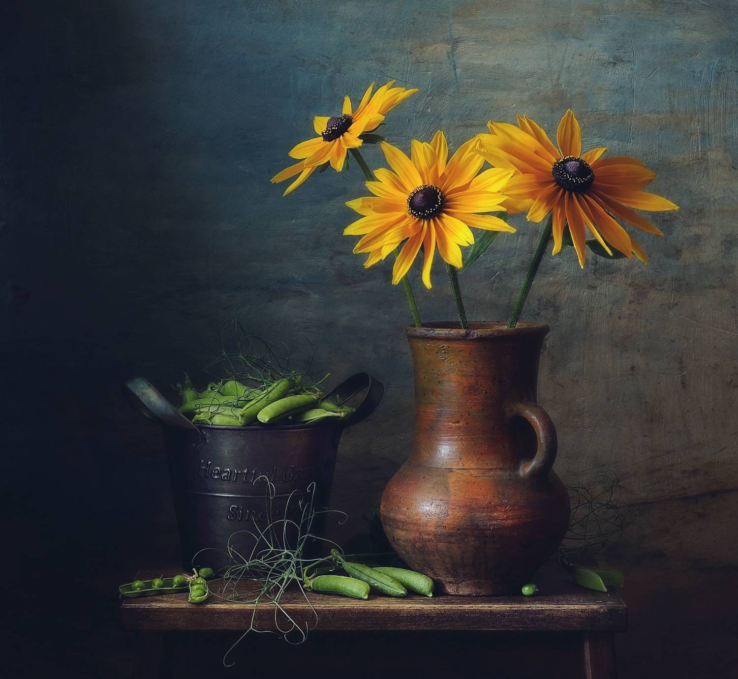 натюрморт,цветы,горох,рудбекия,лето,крынка, Наталия К