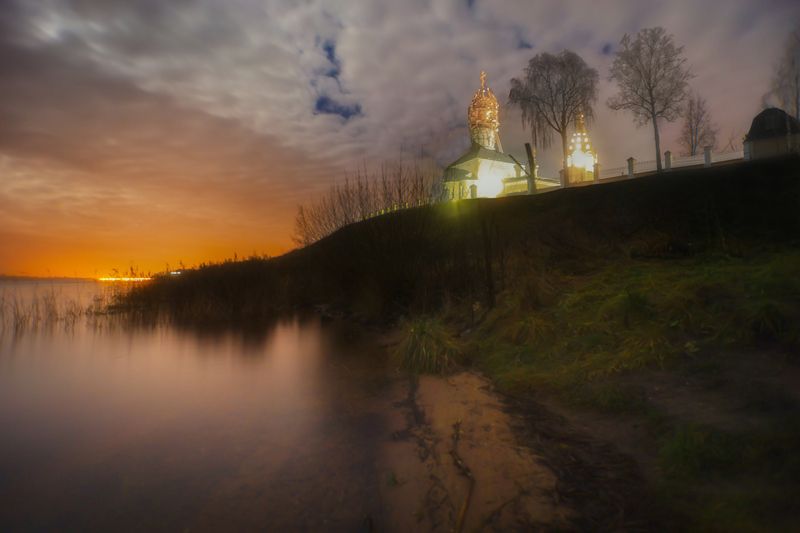 волга, городня, закат на волге, храм рождества богородицы в городне Мираж на Волге фото превью