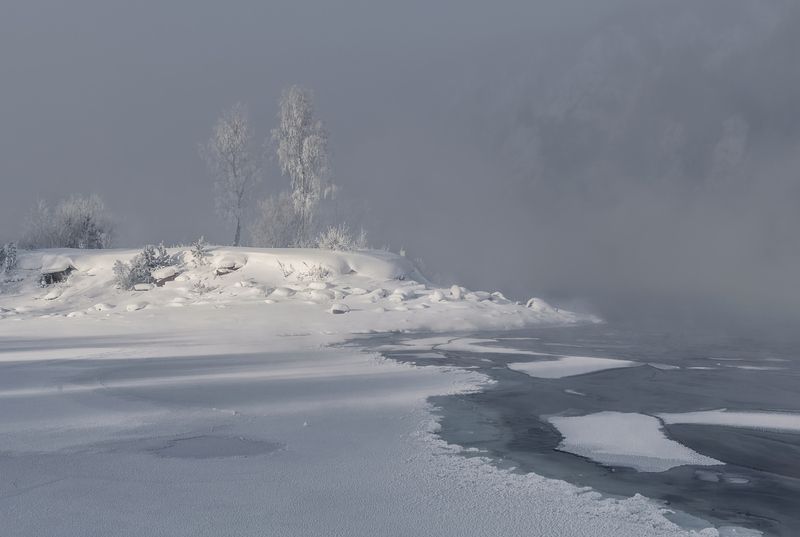 зима, мороз, иней, изморозь, енисей, сибирь, река парит Сибирские морозы фото превью