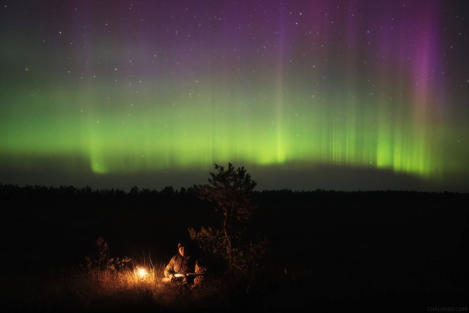 пейзаж, северное сияние, север, ночь, охотник, Иван Чаланов