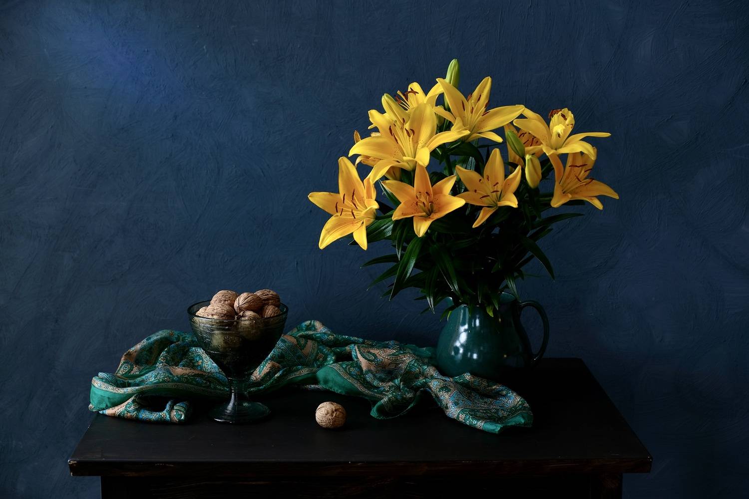 Still life, Colors, Flowers, Walnuts, Lilies, Scarf, , Povarova Ree Svetlana