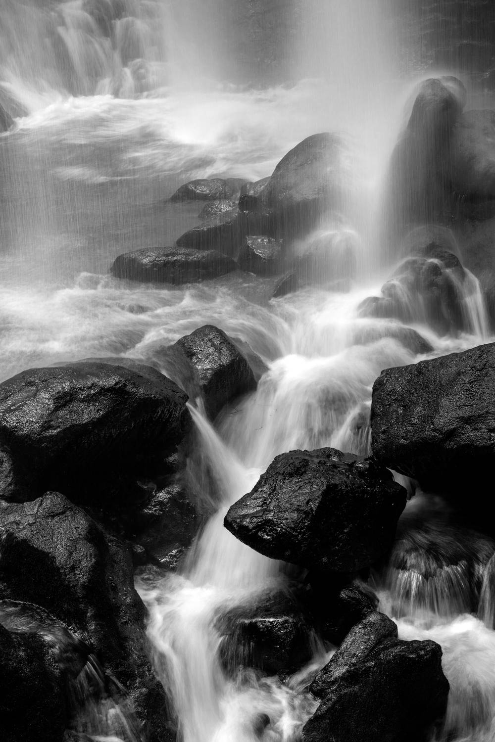monochrome, black and white, landscape, waterfalls, rocks, water, splashing , Julius LIU