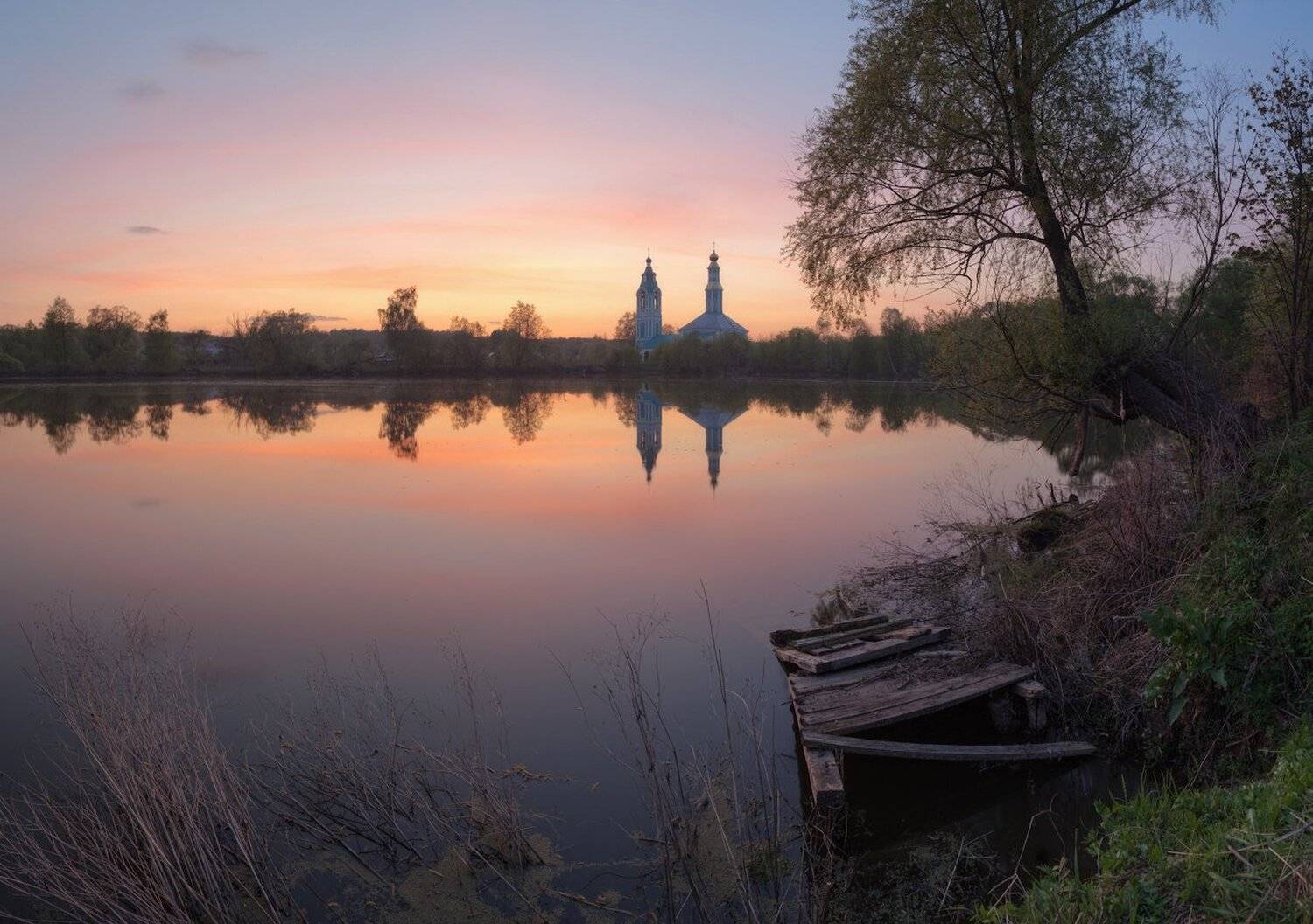 Landscape, Весна, Вода, Закат, Пейзаж, Природа, Россия, Тишина, Церковь, Дмитрий