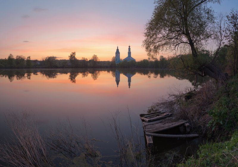 Landscape, Весна, Вода, Закат, Пейзаж, Природа, Россия, Тишина, Церковь У старого мостка фото превью