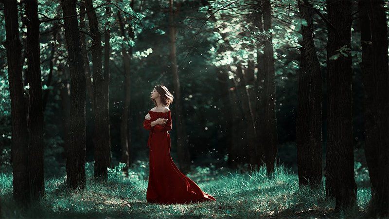 Девушка, Девушка  яблони, Контраст, Красный, Лес, Настроение, Нежность, Платье, Пыль, Свет День, когда яблони отцвели фото превью