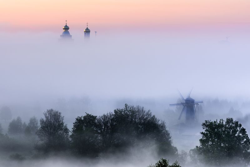 пейзаж, туман, утро, церковь, река, мельница Утро на реке Истра фото превью