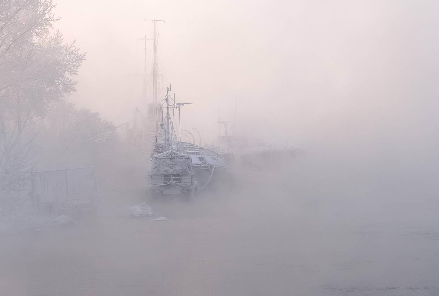 зима, мороз, закат, енисей, сибирь, туман, иней, корабли, Марина Фомина