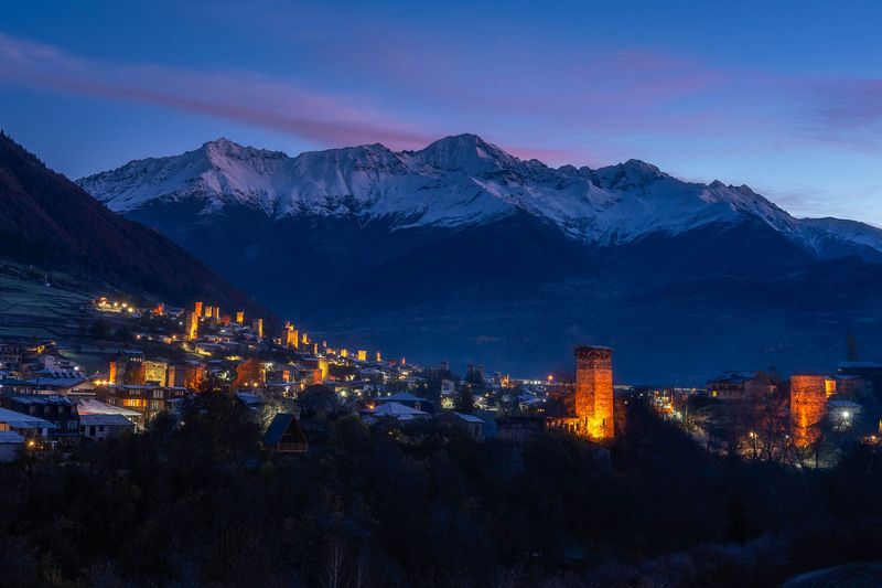 georgia, mestia, landscape, cityscape, night, lights, mountains Mestia фото превью