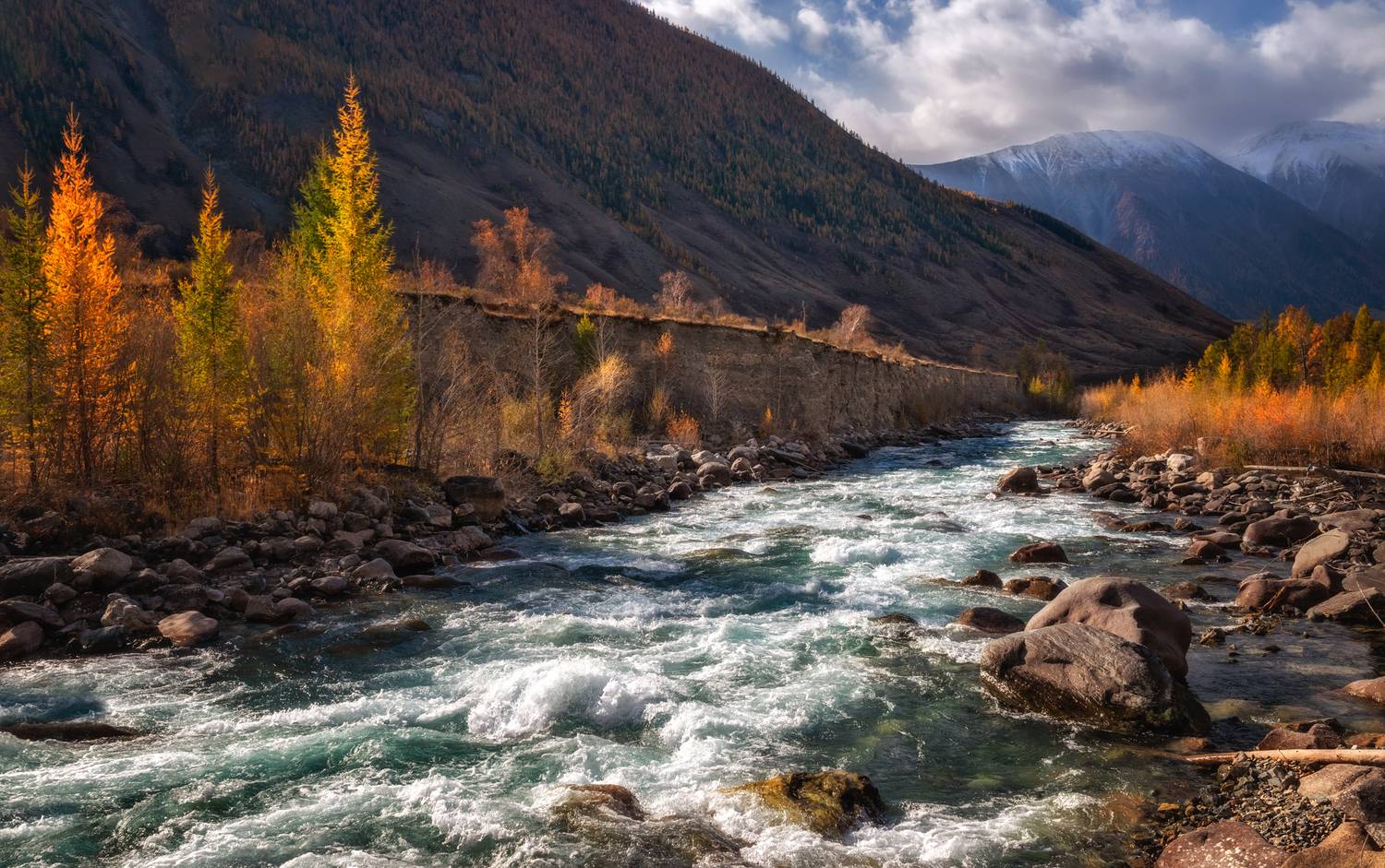 горный алтай, осень, река карагем, пороги, лиственницы, вершины катунского хребта, Lora Pavlova