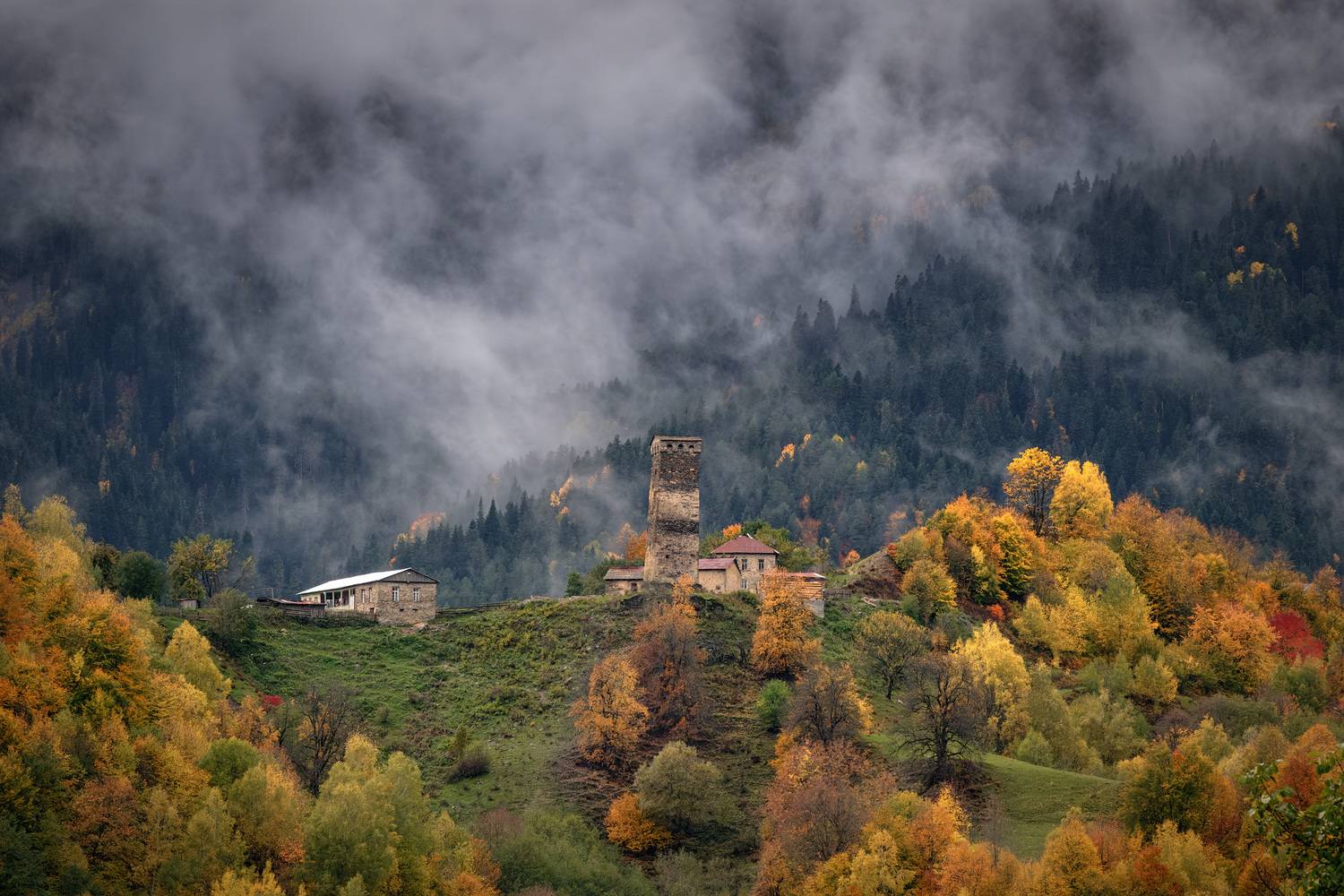 svaneti, zegani, village, tower, mountains, autumn, fall, forest, nature, high, landscape, scenery, travel, outdoors, georgia, sakartvelo, caucasus, chizh, Чиж Андрей