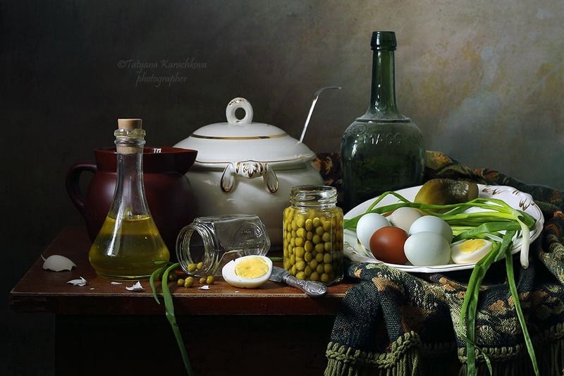 натюрморт, яйца, кувшин, овощи,яйца ухейилюй, гусиные яйца, яичница, Вариации с яйцами и кухонной утварью фото превью