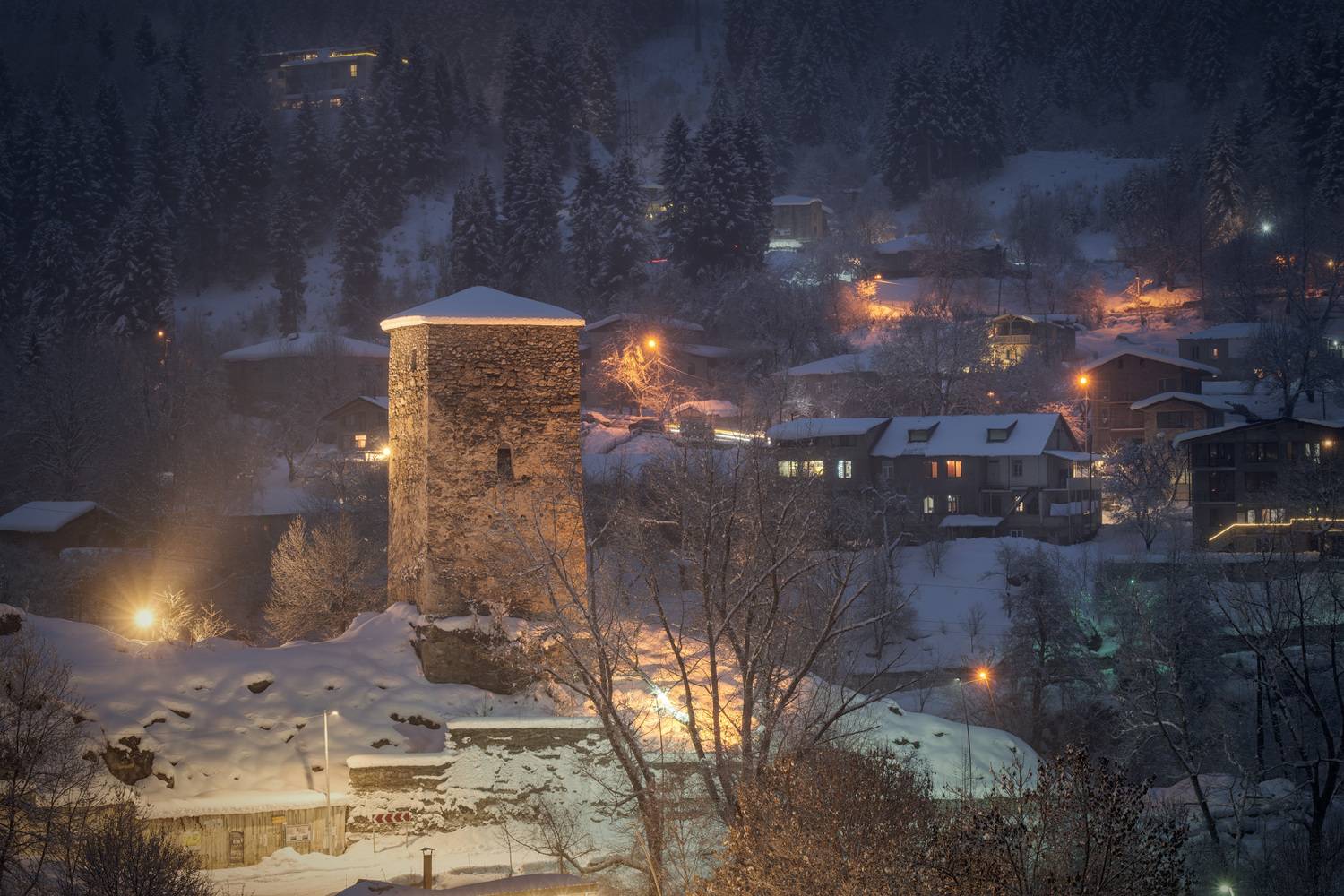 svaneti, mestia, town, night, tower, lights, winter, twilight, mountains, high, landscape, scenery, travel, outdoors, georgia, sakartvelo, chizh, Чиж Андрей