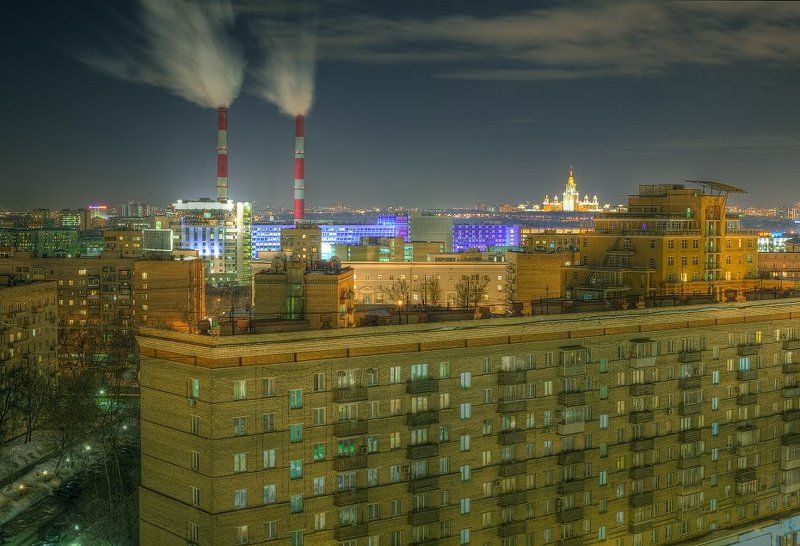 крыша, крыши, город, москва, зима, трубы, ночь, пар Шпарят фото превью