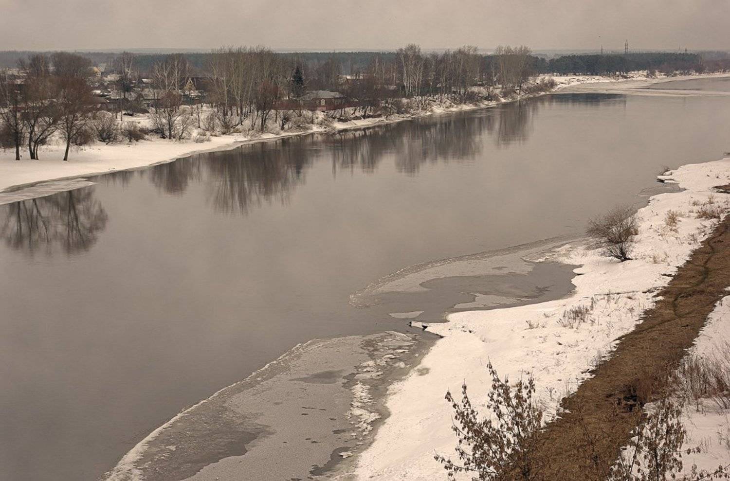 река, мост, снег, вода, прошлое лето