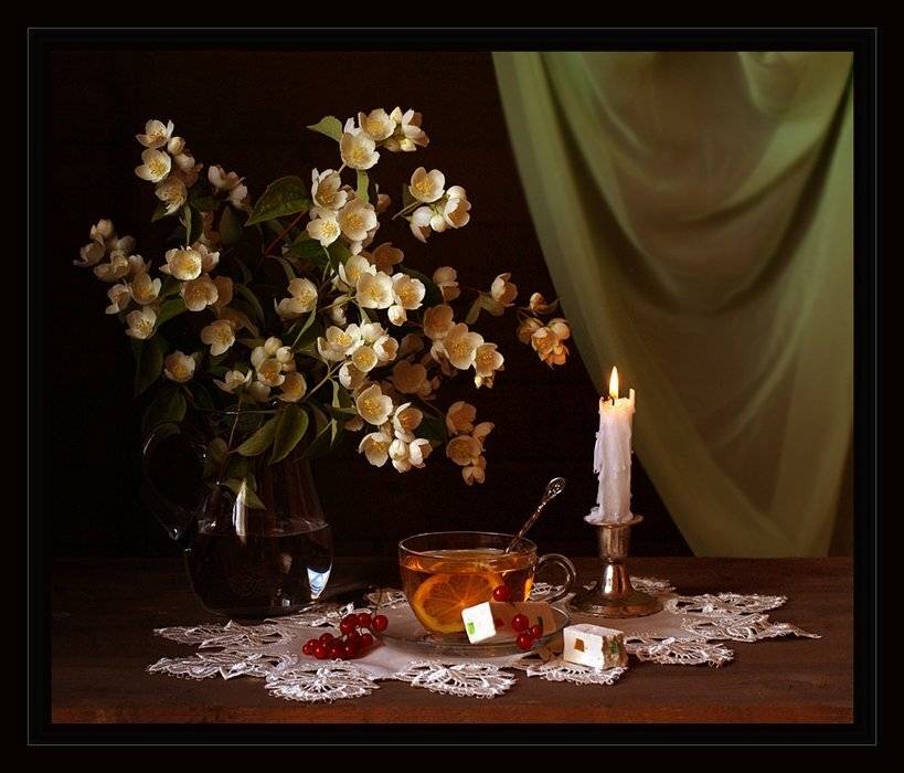 натюрморт, дача, чай, жасмин, лимон, цветы, свеча, огонь, вечер, Ирина