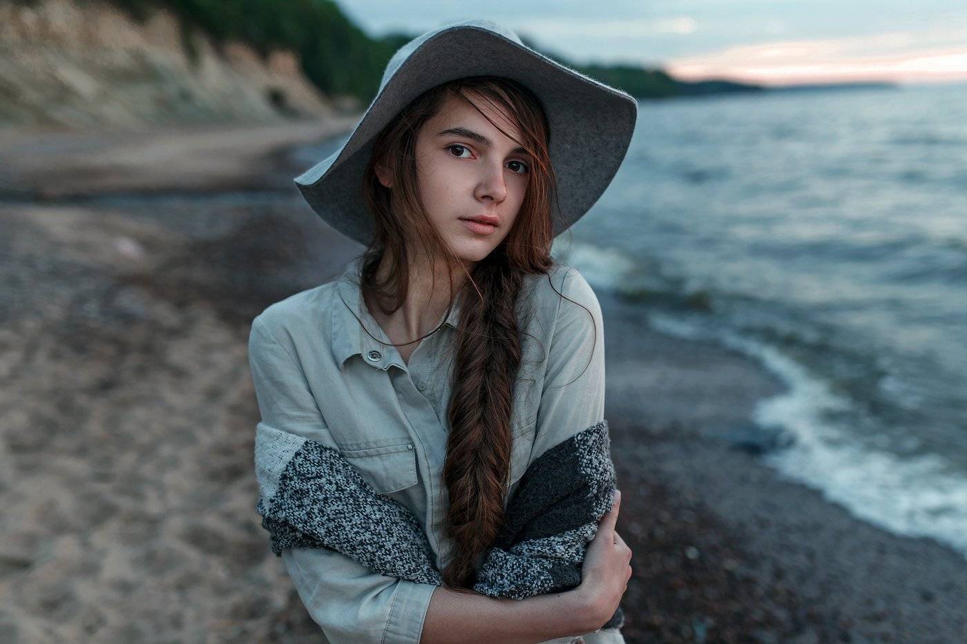 Берег, Девушка, Закат, Ключенков, Море, Портрет, Kljuchenkow Aleksandr