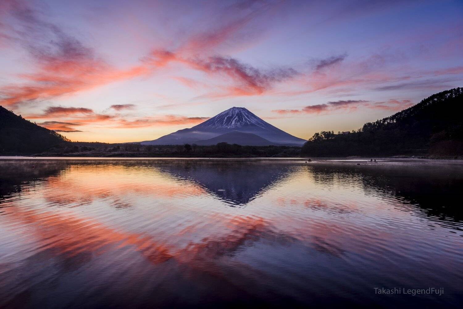 Fuji,mountain,lake,water,cloud,glow,morning,blue,red,sky,sunrise, Takashi