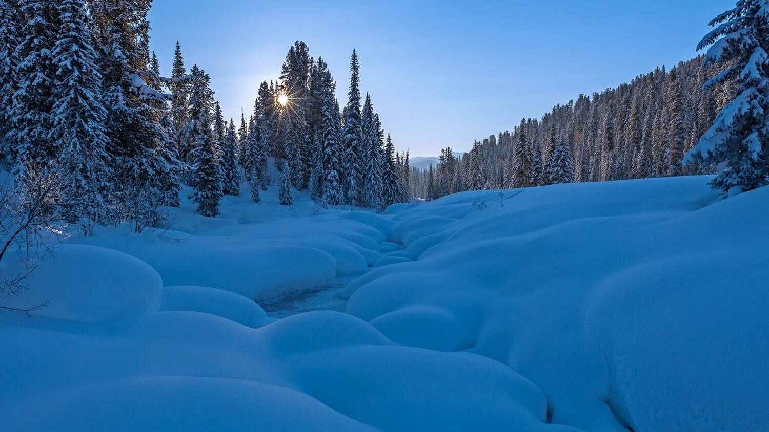 ергаки, луг, река, зима, снег, сугробы, ручей, лед, иней, кухта, солнце, лучи, Мальцев Юрий