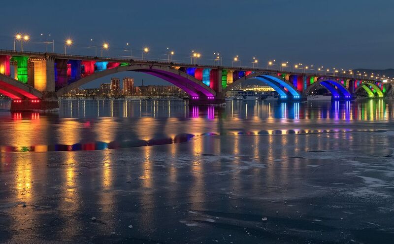 город, красноярск, вечер, коммунальный мост, подсветка, Вечерний Красноярск фото превью