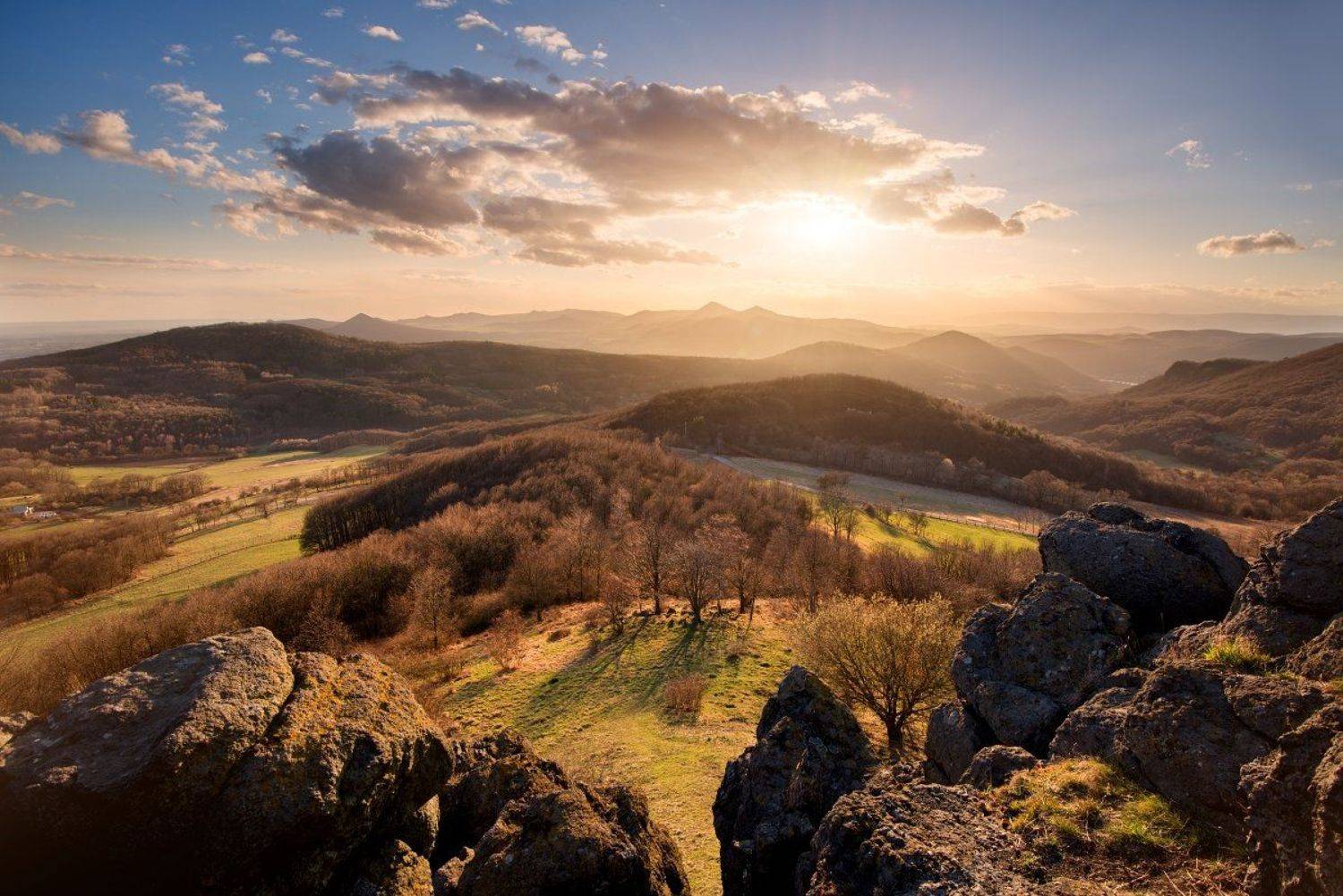 czech republic, Czech central mountains, mountains, rocks, clouds, sunset, meadows, Tomas Morkes