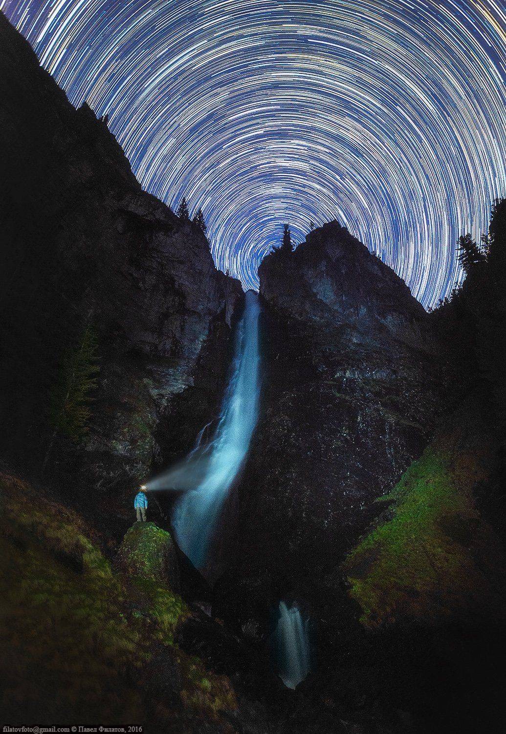 Altai, Altai krai, Star trails, Stars, Алтай, Алтайский край, Водопад, Звезды, Ночь, Шинок, Павел Филатов