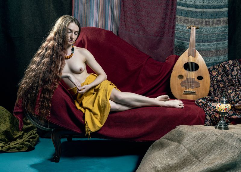 orientalism, odalisque, reclining figure, fine art nude, yellow textile, velvet drapery, lute player, amber jewelry, neoclassical portrait, ingres homage, timeless beauty, contemplation, chiaroscuro lighting, texture study, classical composition, intimacy Odalisque in Yellow фото превью
