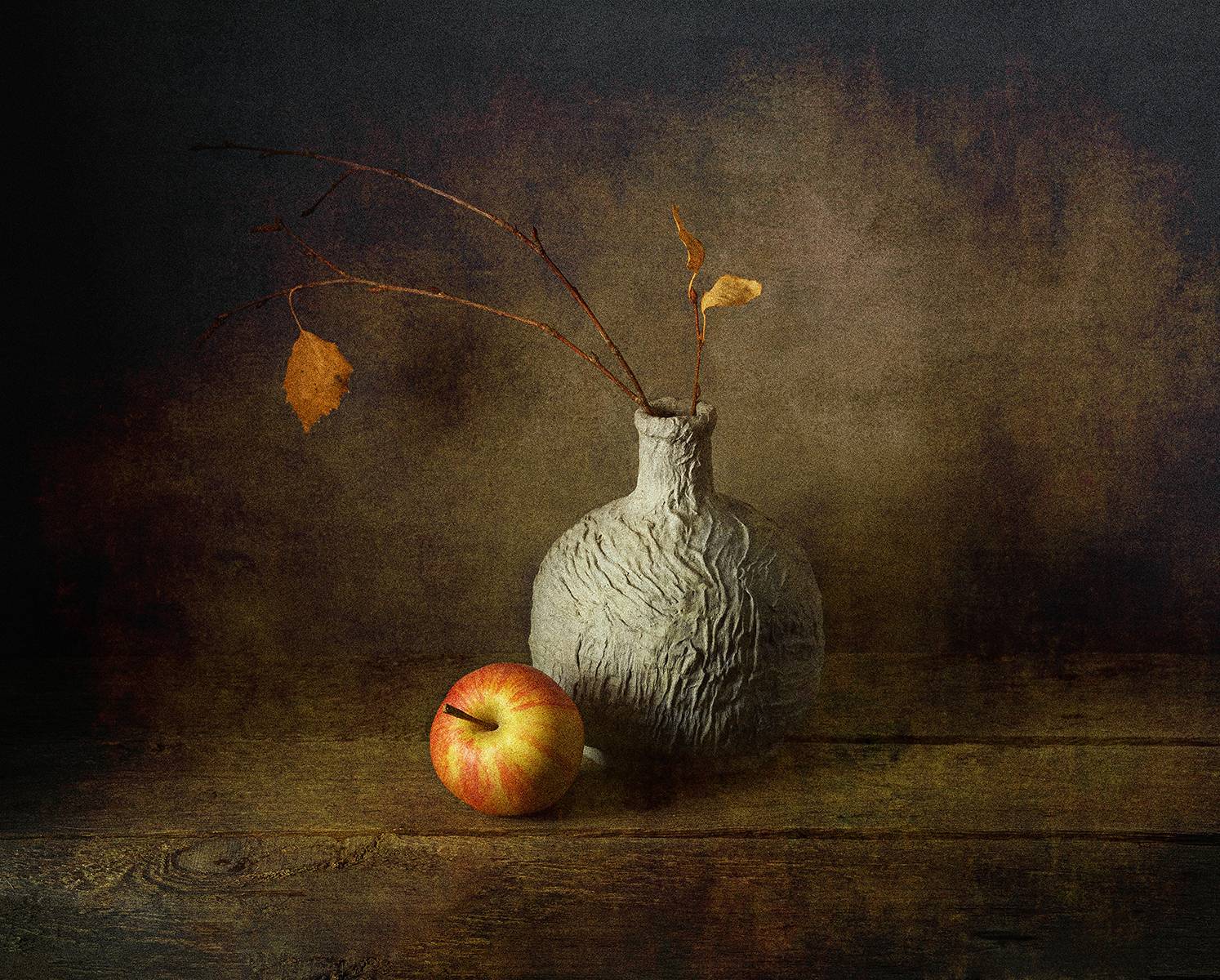 ваза, яблоко, листья, ветка, береза, Алексей Бычков