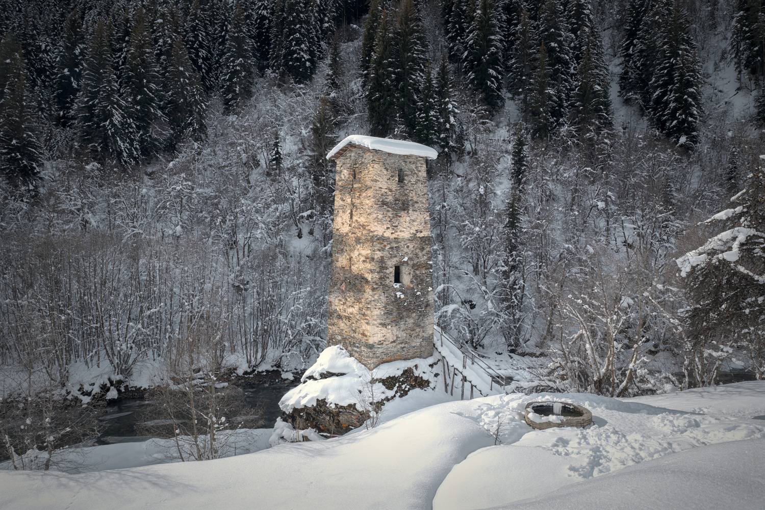 svaneti, tower, lovetower, snow, snowfall, winter, january, river, inguri, mountains, nature, high, landscape, scenery, travel, outdoors, georgia, sakartvelo, caucasus, chizh, Чиж Андрей