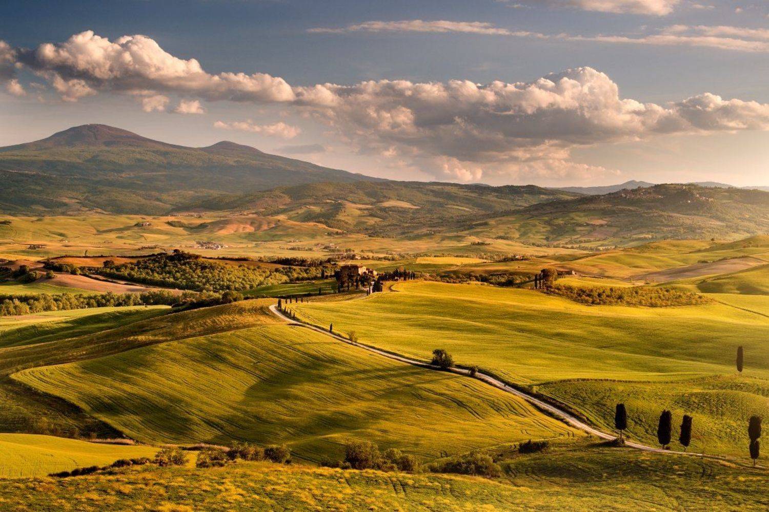 Italy, Tuscany, Pienza, San Quirico d&acute;Orcia, meadows, cypres, clouds, sun, spring, sunset, Tomas Morkes