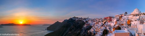 Panorama of Fira at sunset, Santorini, Greece
