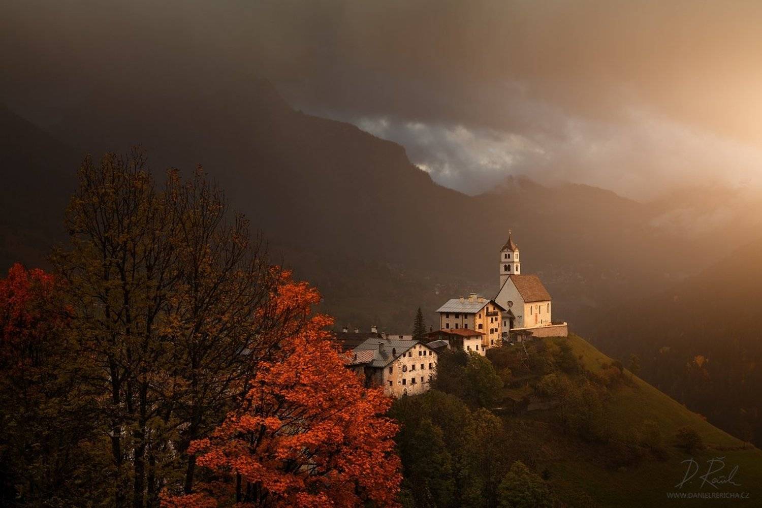 Italy, Alps, Tyrol, Europe, Dolomites,  Colle Santa Lucia, church, rain, autumn, fog, mist, colors, automn colors, mountain,  villages, house, rain evening, South Tyrol, Alpine church, clouds, sky, autumn landscape, danielrericha, Daniel Rericha