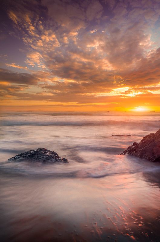 Clouds, Sky, Stones, Sunset, Waves swirl фото превью