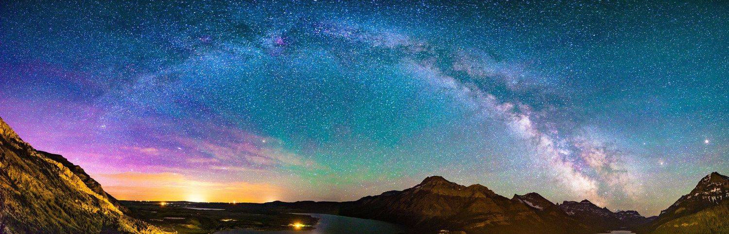 canada, alberta, waterton, milky way, air glow, colours, june, panorama, Денис Семенов